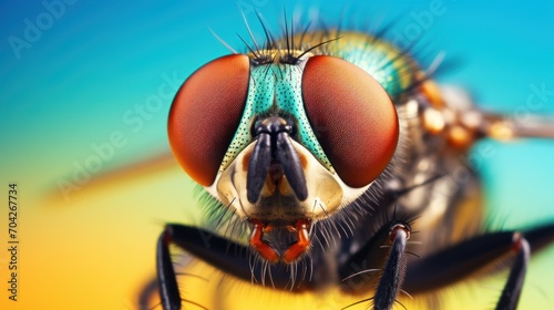  a close - up of a fly's face with a blue sky in the back ground and a blue sky in the back ground. © Jevjenijs