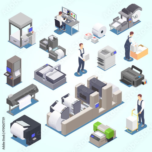 printing house isometric set with isolated icons printers various formats paper sheets workers vector