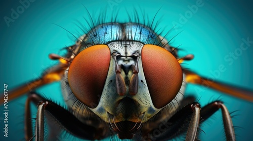  a close - up of a fly's head and legs on a blue background with a light blue background. © Jevjenijs