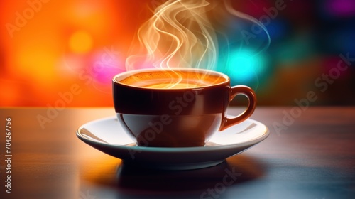  a cup of coffee on a saucer with steam rising out of the top of the cup on a saucer.