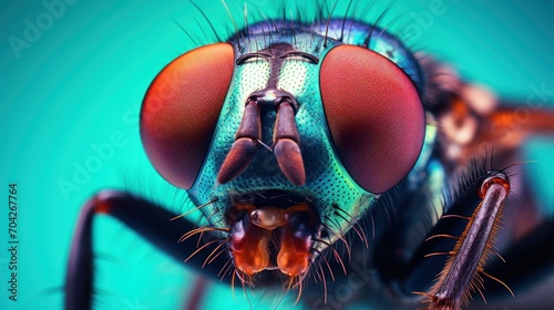  a close - up of a fly's head and eyes, with a blue back ground and a green back ground.