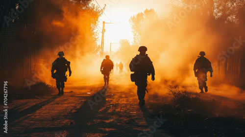 Silhouette photo group of military soldiers marching outdoor in battlefield patrol. Infantry army war battle marching dramatic light scene. Military troop patrolling. © Davin