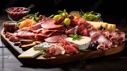  a platter of assorted meats and cheeses on a wooden platter with a bowl of olives.
