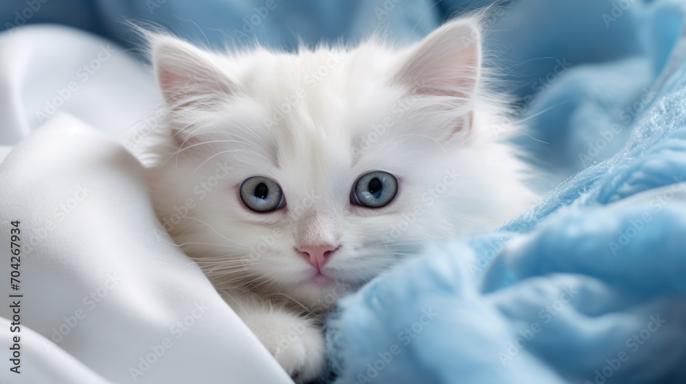  a white kitten with blue eyes peeking out from under the covers of a blue blanket on a blue and white blanket.