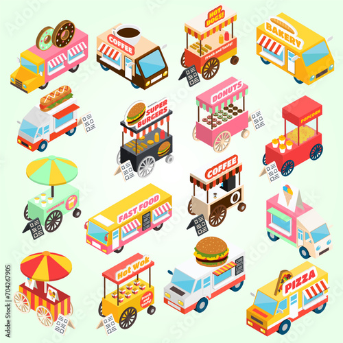 street food carts isometric icons set
