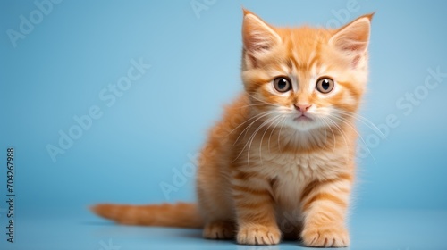  a small orange and white kitten sitting on top of a blue background and looking at the camera with a curious look on its face.