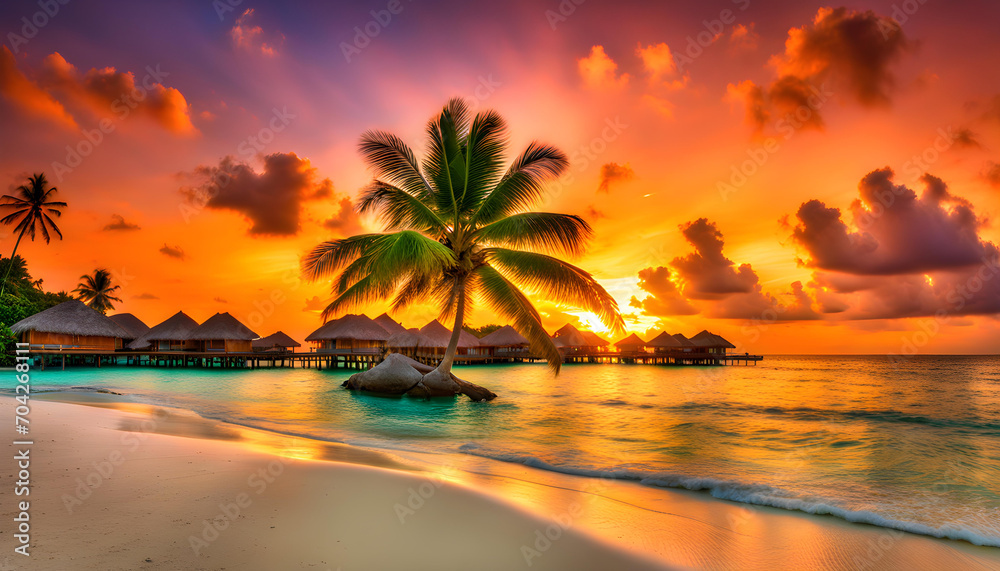 tropical sunset with coconut trees