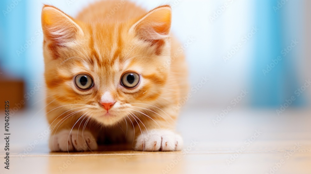  a close up of a small kitten on a tile floor with a blue curtain in the background and a light blue curtain in the background.
