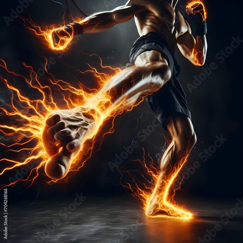 Male martial arts pugilist training in a dark room, power energy coming out of his feet and hands