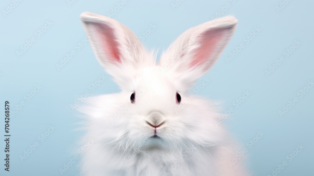 a close up of a white rabbit's face on a blue background with a blurry image of it's face.