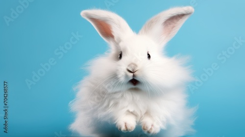  a small white rabbit sitting on top of a blue surface and looking at the camera with a sad look on its face. © Jevjenijs