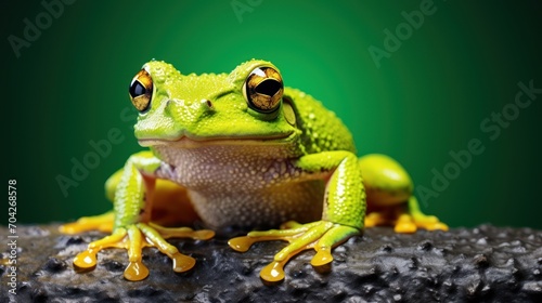  a close up of a frog on a rock with a green back ground and a green back ground in the background.