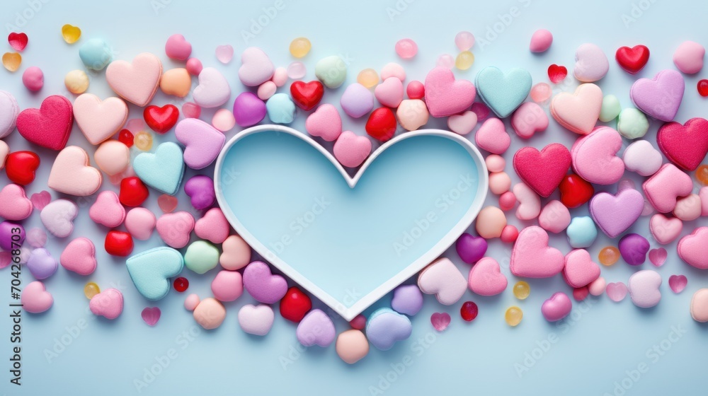  a blue heart surrounded by small hearts on a blue background with confetti in the shape of a heart.