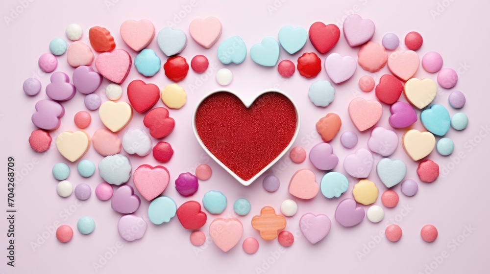  a heart shaped cookie sitting on top of a table surrounded by hearts of different colors of pink, blue, red, and yellow.