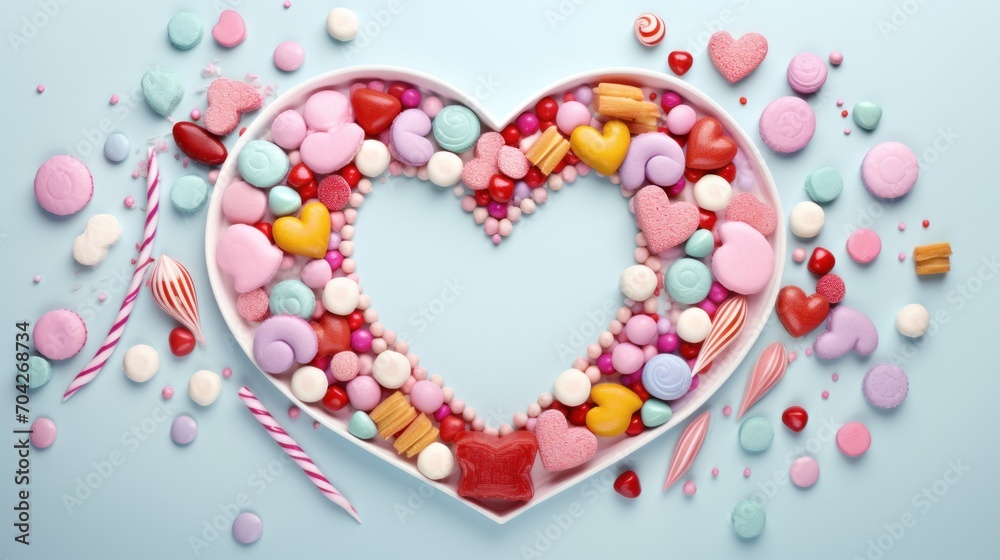  a heart shaped box filled with candies and lollipops on top of a blue background with confetti and lollipops.