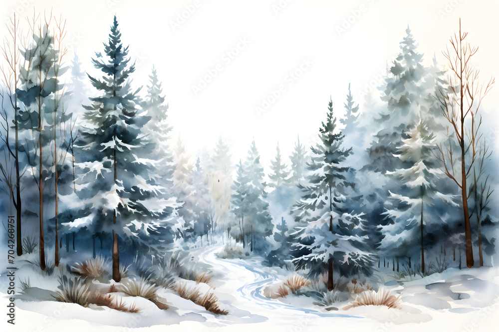 Fototapeta premium Winter landscape with pine trees in watercolor style. Snow-covered spruce forest