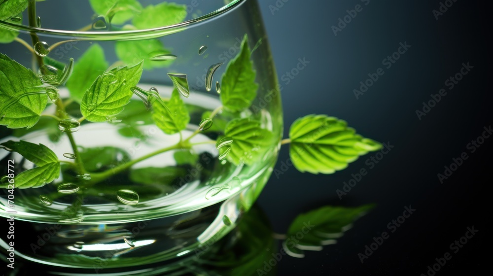 a close up of a glass with water and a plant inside of it on a reflective surface with a black background. a close up of a glass with water and a plant inside of it on a reflective surface with a black background.