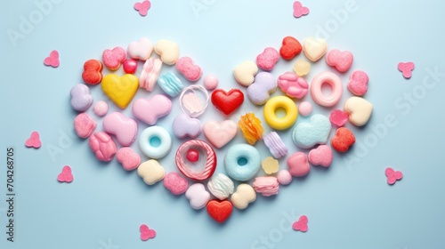 a heart made out of candy hearts and doughnuts on a light blue background with pink and yellow hearts.