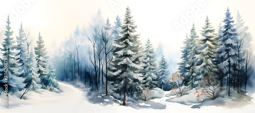 Winter landscape with pine trees in watercolor style. Snow-covered spruce forest © Olena