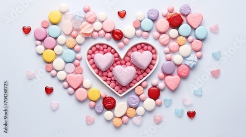  a heart made out of candy hearts surrounded by candy candies on a white background with hearts scattered around it.