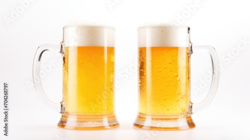  two mugs of beer sitting side by side in front of a white background, one is full of beer and the other is half full of beer.