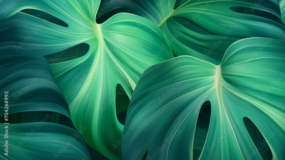 The close-up of a Monstera leaf reveals calming gradients of green, reminiscent of a peaceful forest canopy The close-up of a Monstera leaf reveals calming gradients of green, reminiscent of a peaceful forest canopy
