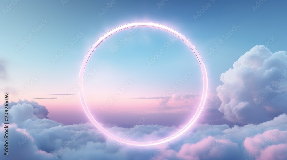 a circle of light in the middle of a cloud filled sky with a pink and blue sky in the background. a circle of light in the middle of a cloud filled sky with a pink and blue sky in the background.