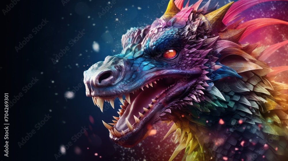  a close up of a dragon's head on a dark background with snow flakes and snow flakes.