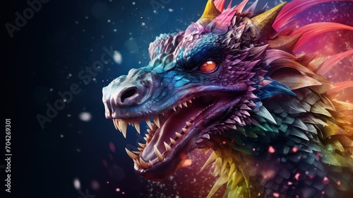  a close up of a dragon's head on a dark background with snow flakes and snow flakes.