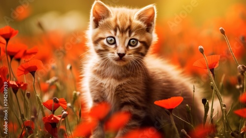  a kitten sitting in the middle of a field of red flowers with a blue eyed kitten looking at the camera.