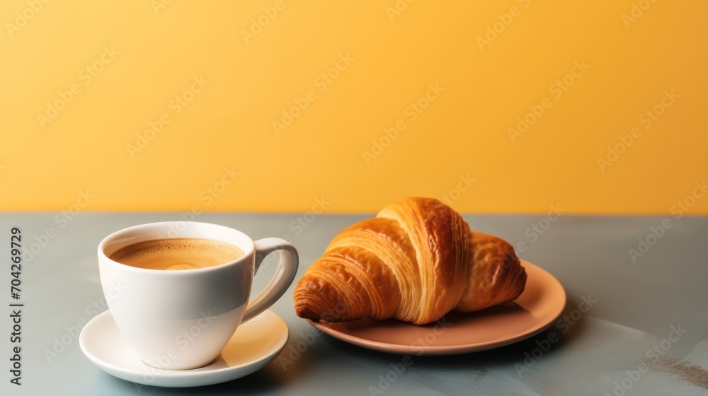 a croissant sitting on a plate next to a cup of coffee on a saucer on a table. a croissant sitting on a plate next to a cup of coffee on a saucer on a table.
