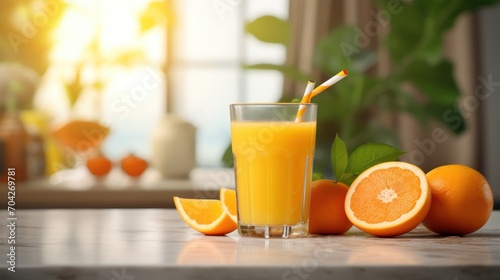  a glass of orange juice next to sliced oranges on a table with the sun shining through the window in the background.