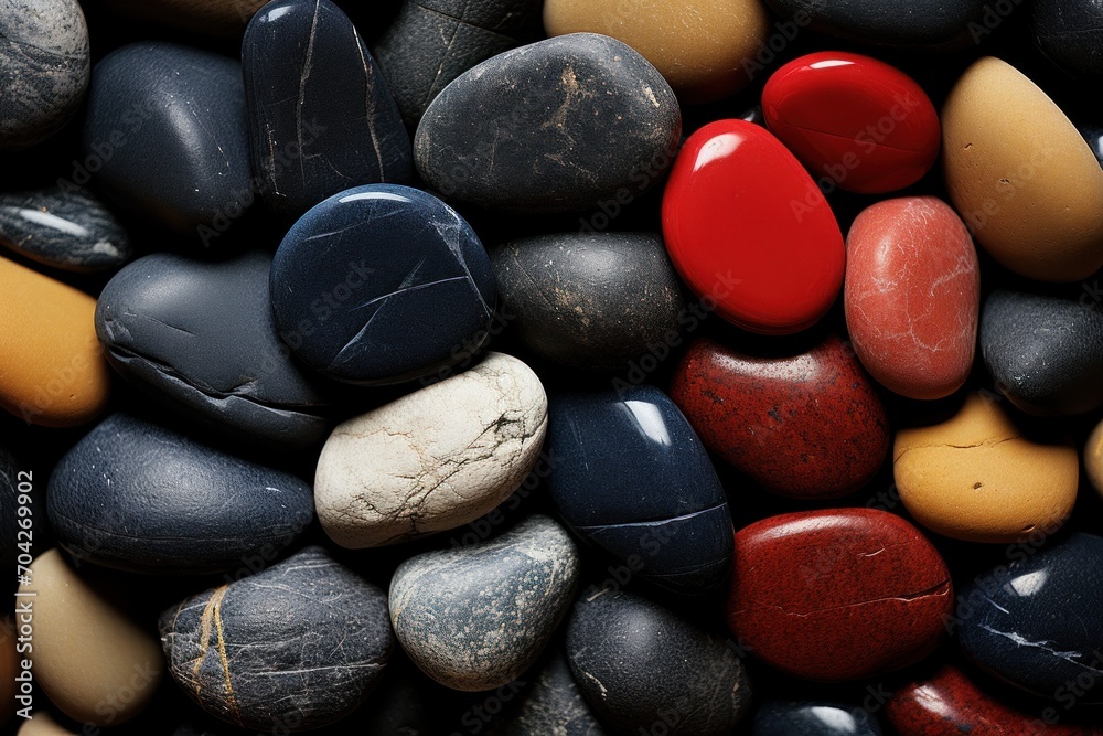  a close up of a bunch of rocks with a red heart on one of them and a yellow heart on the other.