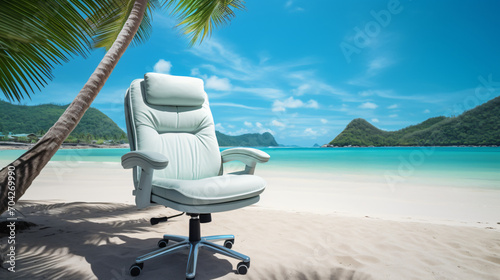 chair for work on the beach with palm tree