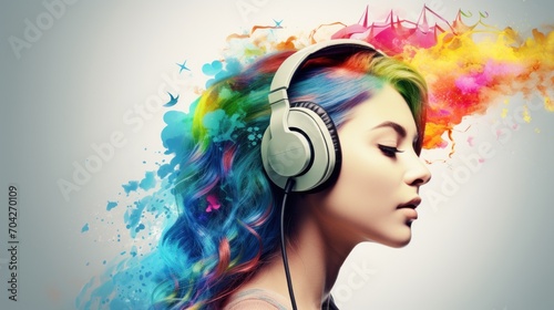  a woman with colorful hair and headphones with music notes coming out of her ears and colorful paint splatters on her head.