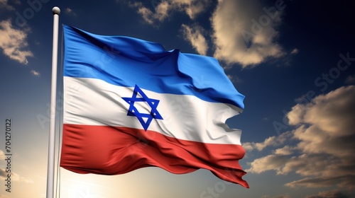  the flag of the country of israel is waving in the wind with a blue sky and clouds in the background. photo