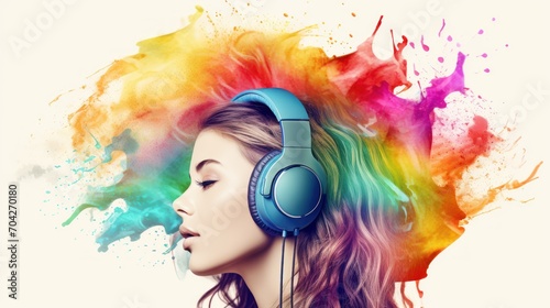  a woman wearing headphones with colorful paint splatters on her head and her hair blowing in the wind.
