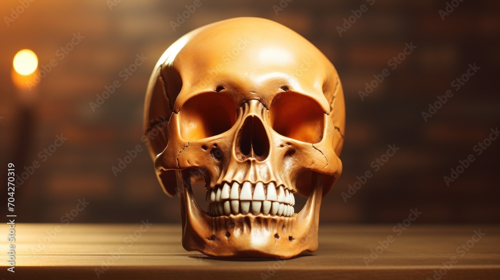 a human skull sitting on a table in front of a wall with a candle in the corner of the room. a human skull sitting on a table in front of a wall with a candle in the corner of the room.