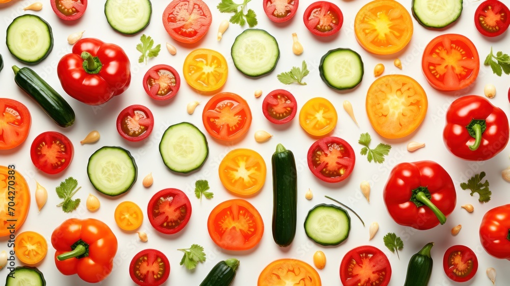 tomatoes, cucumbers, and other vegetables are arranged in a pattern on a white surface with a white background. tomatoes, cucumbers, and other vegetables are arranged in a pattern on a white surface with a white background.