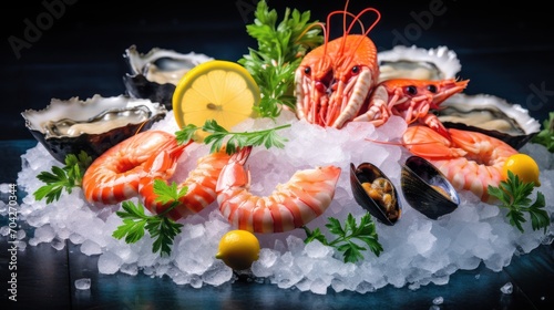  an assortment of seafood on ice with lemons and parsley on a black surface with sea salt and lemon wedges.