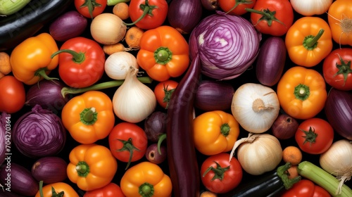  a bunch of different types of vegetables are grouped together in a pile, including onions, tomatoes, eggplant, onions, and zucchini.