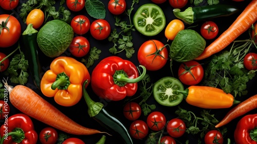  a bunch of different types of vegetables on a black surface with green leaves and red and orange peppers and carrots.