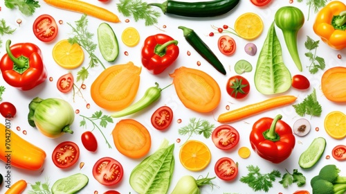  a bunch of different types of vegetables on a white surface with red and green peppers, tomatoes, cucumbers, and green leaves.