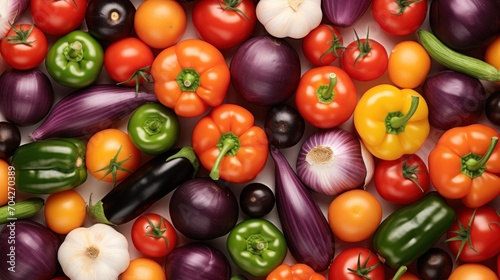  a lot of different types of vegetables on a white surface with green, red, purple, and yellow peppers.