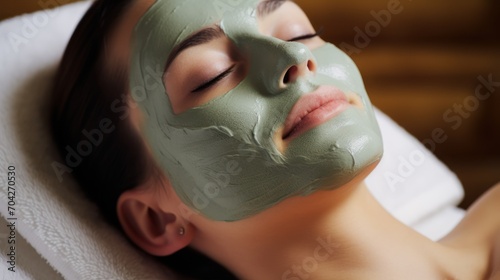  a woman with a facial mask on her face is laying on a towel on a toweled surface with her eyes closed.