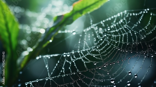  a close up of a spider web with drops of water on it and a green leaf in the foreground.