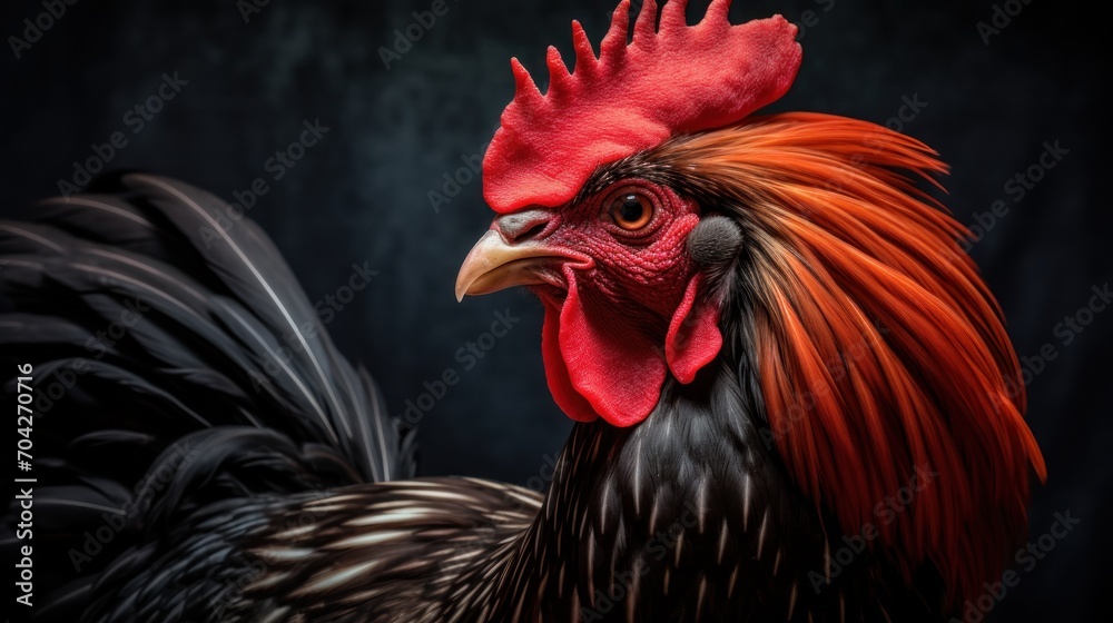  a close up of a rooster with a red comb on it's head and an orange comb on its head.