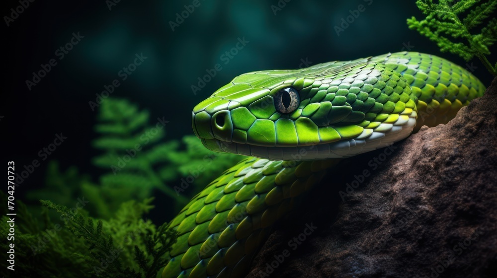 a close up of a green snake's head on a rock in front of green plants and a dark background. a close up of a green snake's head on a rock in front of green plants and a dark background.
