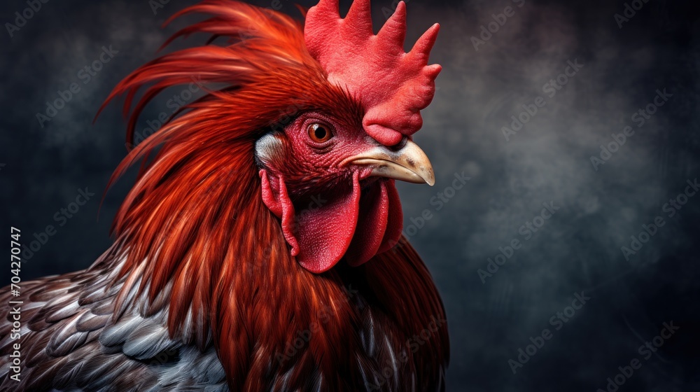  a close - up of a rooster's head on a dark background, with a red comb on it's head.