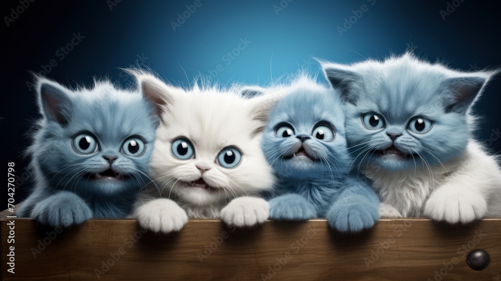  a group of three kittens sitting next to each other on top of a wooden box with eyes drawn on them.